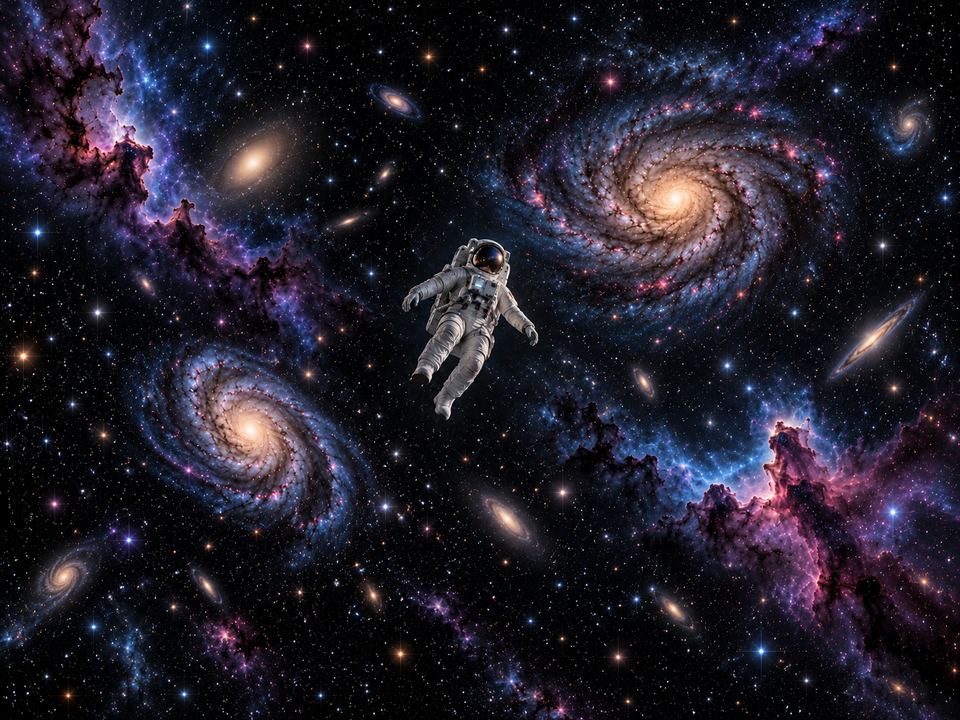 An astronaut floating in deep space surrounded by galaxies.