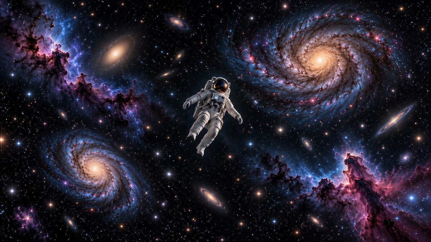 An astronaut floating in deep space surrounded by galaxies.