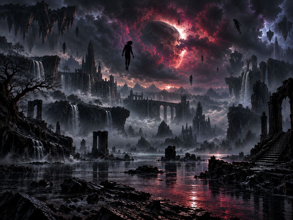 A ruined city under a turbulent red sky with figures floating above it.