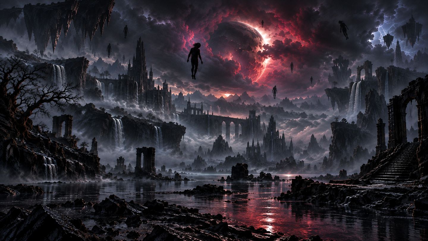 A ruined city under a turbulent red sky with figures floating above it.