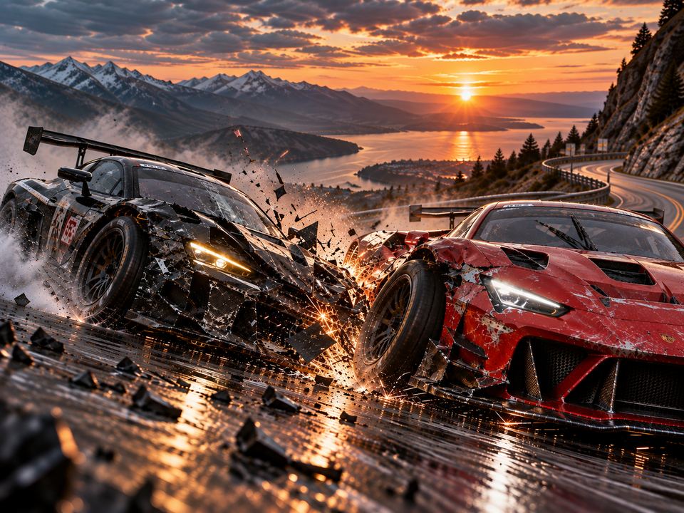 Two racing cars colliding on a wet mountain pass at sunset.