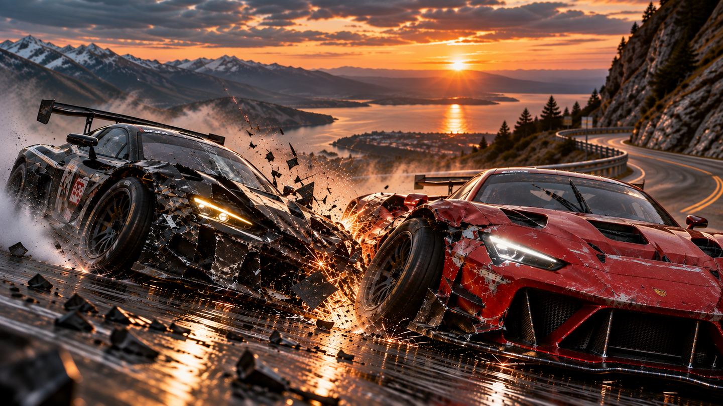Two racing cars colliding on a wet mountain pass at sunset.