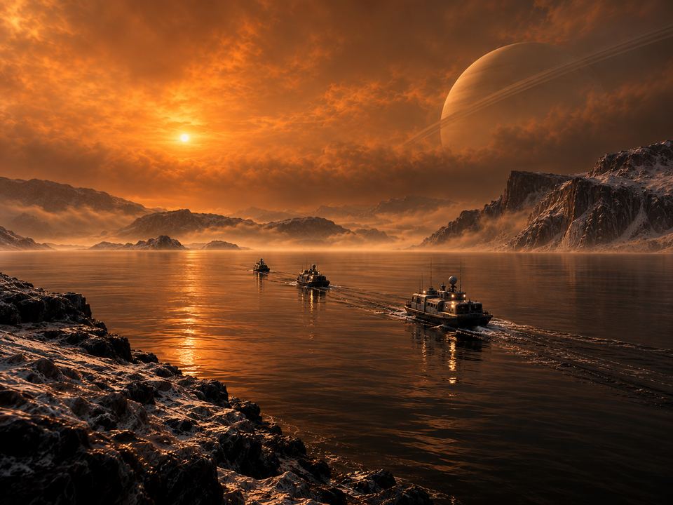 Boats crossing a dark methane lake under a golden haze with a ringed planet on the horizon.