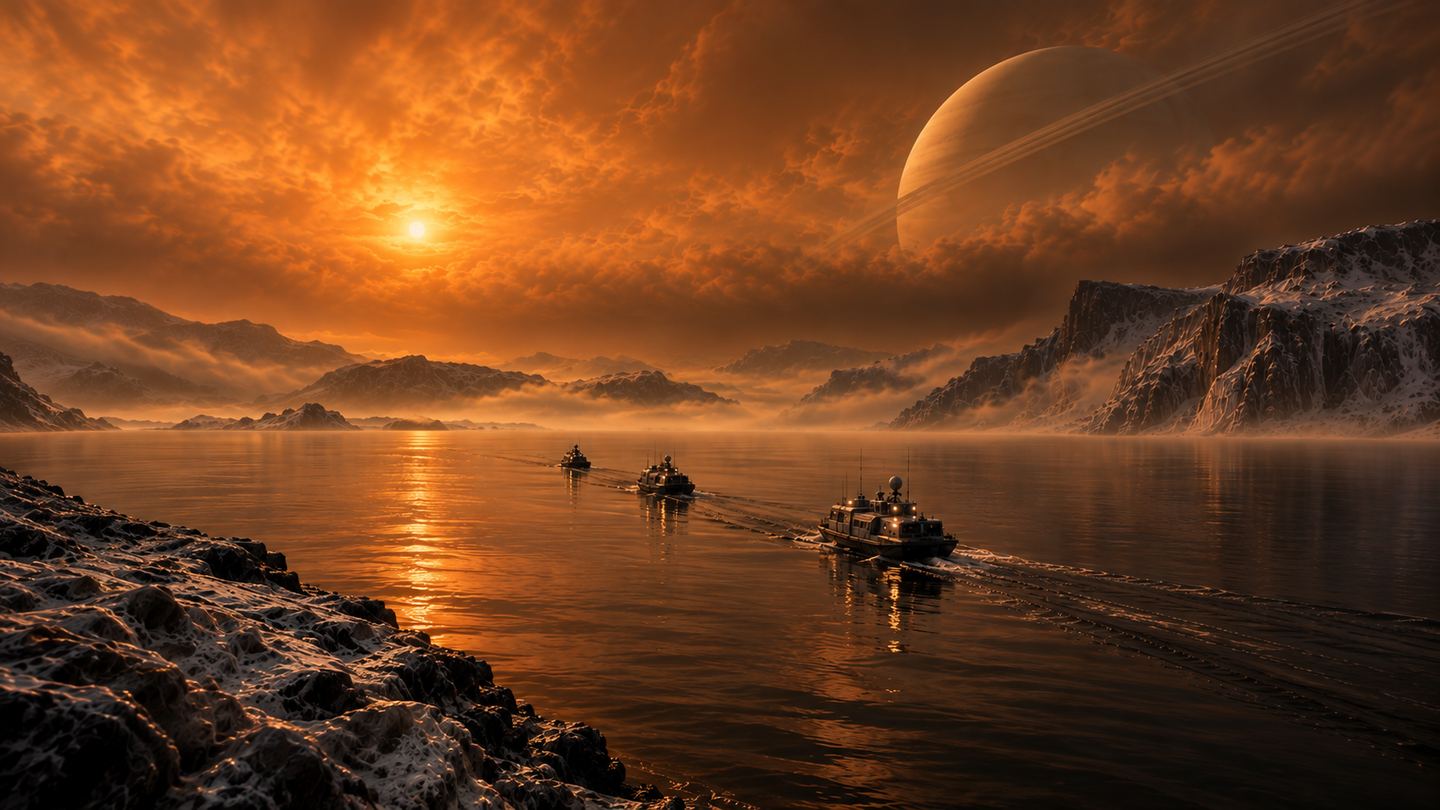 Boats crossing a dark methane lake under a golden haze with a ringed planet on the horizon.