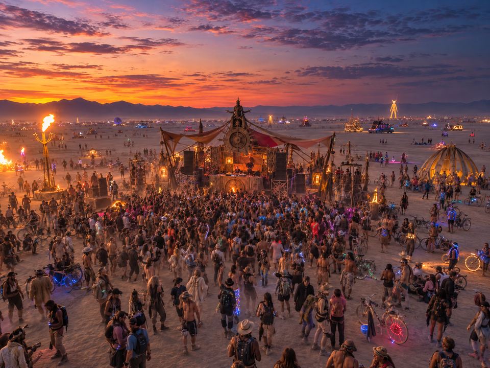 A large crowd dancing around a lit stage in the desert at sunset.