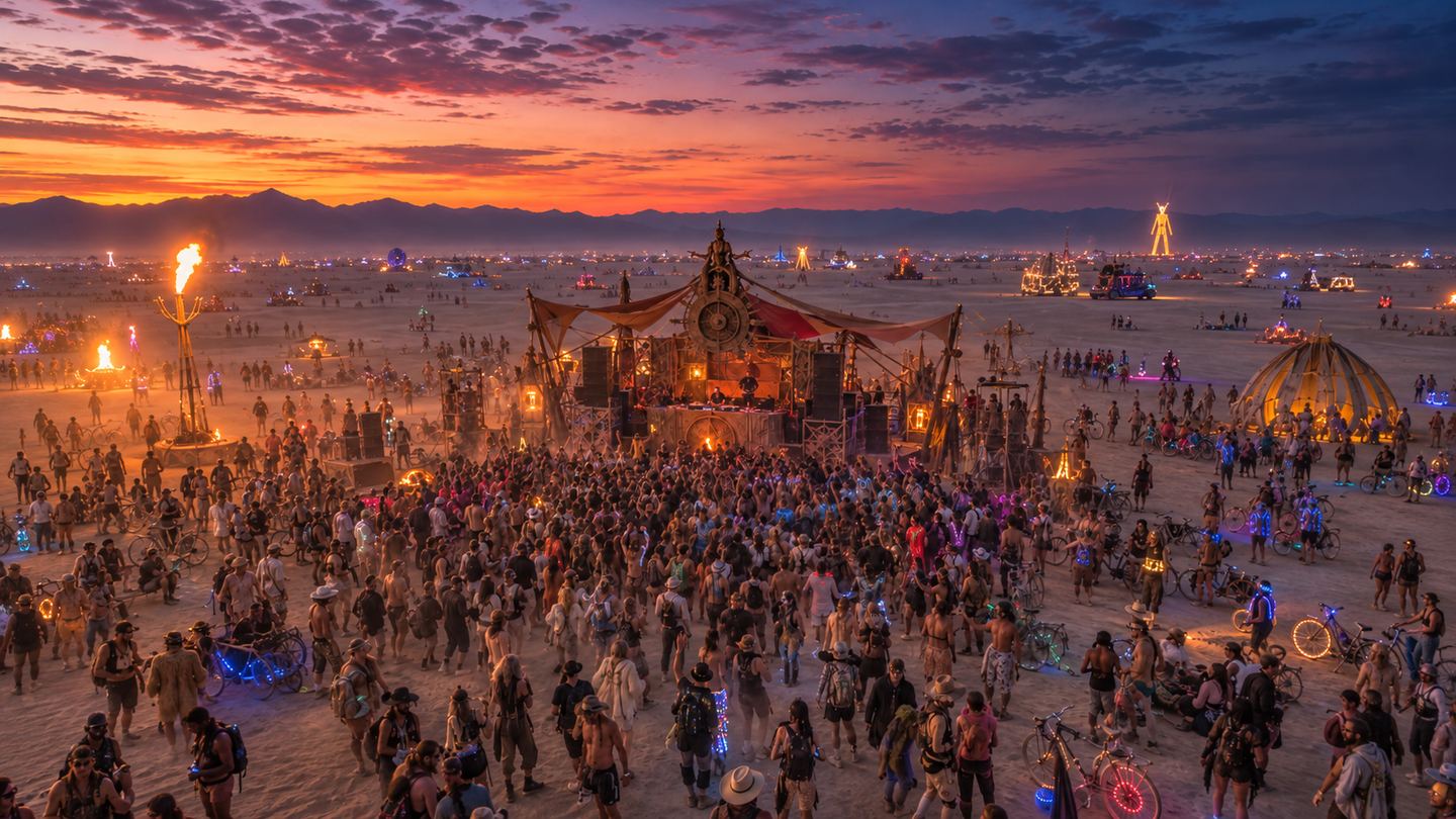 A large crowd dancing around a lit stage in the desert at sunset.