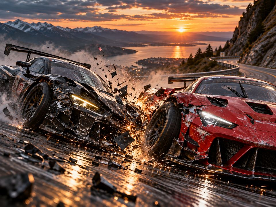 Two racing cars colliding on a wet mountain road at sunset.
