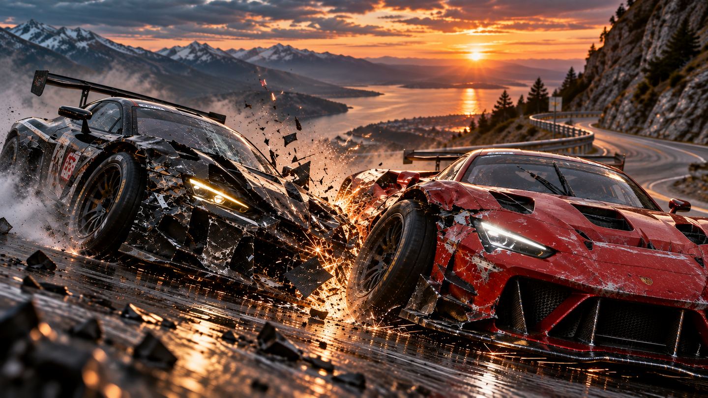 Two racing cars colliding on a wet mountain road at sunset.