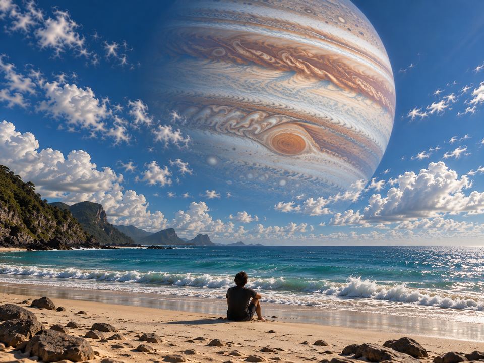 A person sitting on a beach looking up at Jupiter filling the daytime sky.