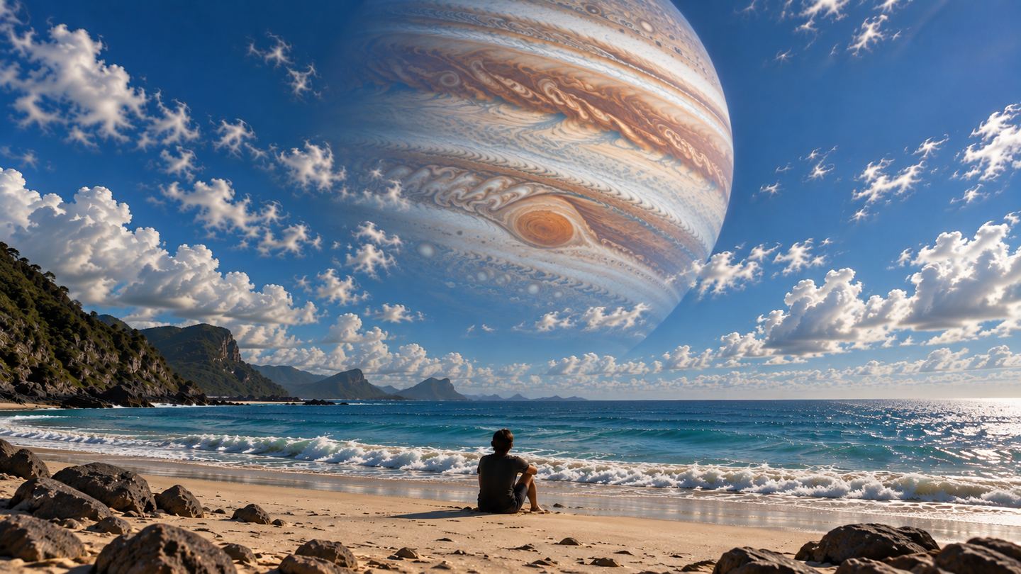 A person sitting on a beach looking up at Jupiter filling the daytime sky.