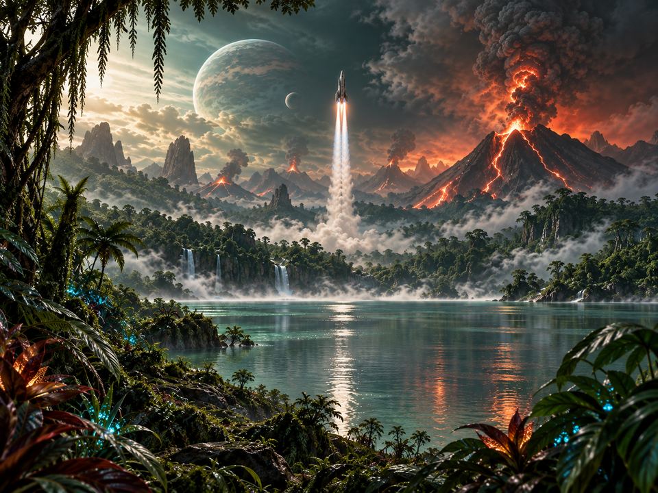 A spacecraft ascending on a vapour trail above a green-blue alien lake, with volcanoes and two moons behind it.