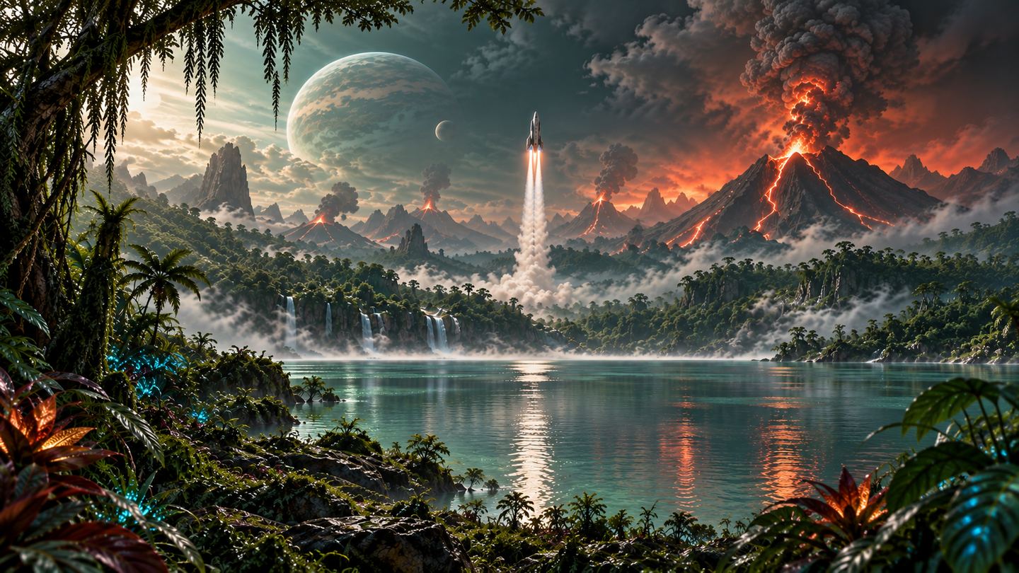 A spacecraft ascending on a vapour trail above a green-blue alien lake, with volcanoes and two moons behind it.