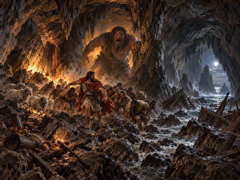 Odysseus leading sailors past a towering Cyclops in a firelit cave.