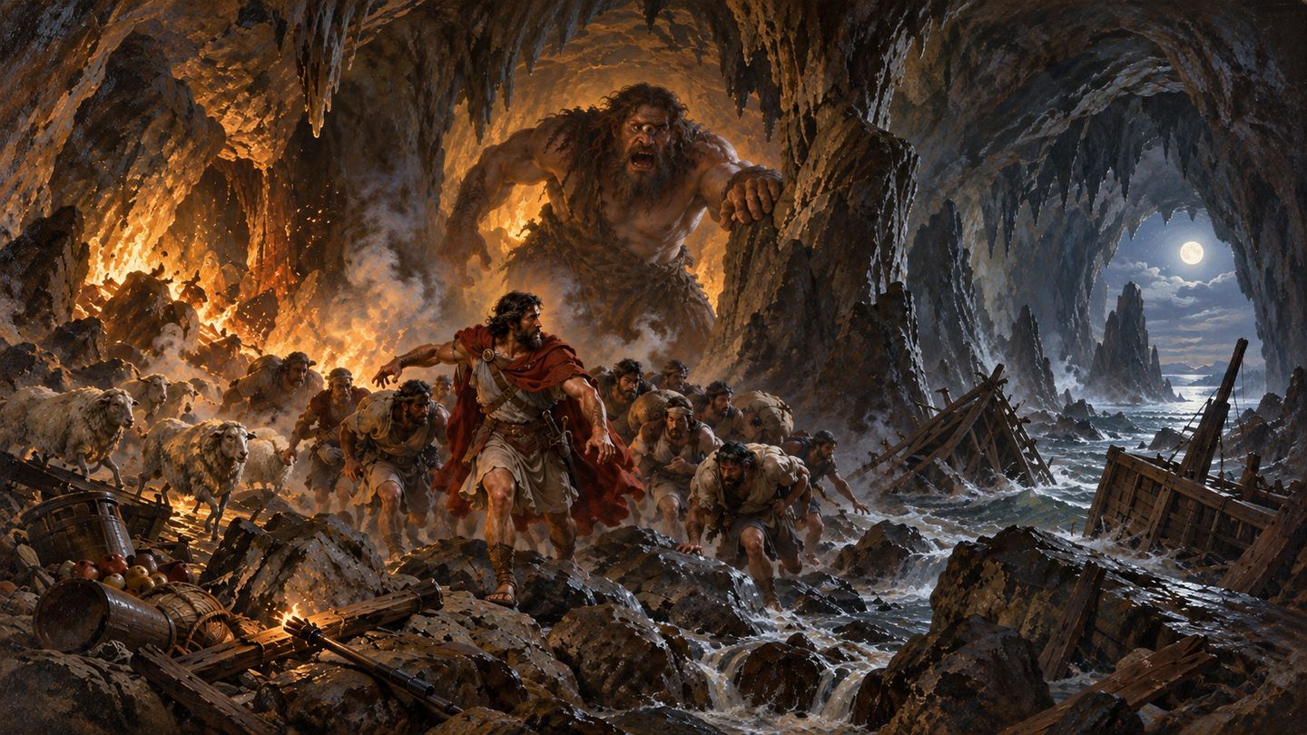 Odysseus leading sailors past a towering Cyclops in a firelit cave.