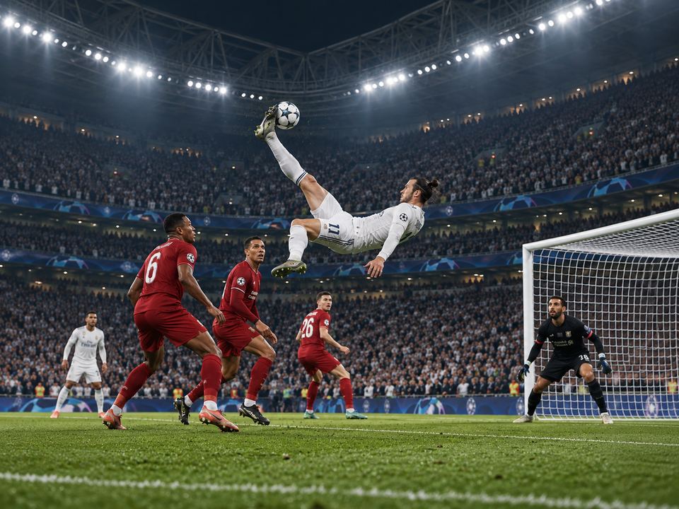 A footballer performing an acrobatic overhead kick in a floodlit stadium.
