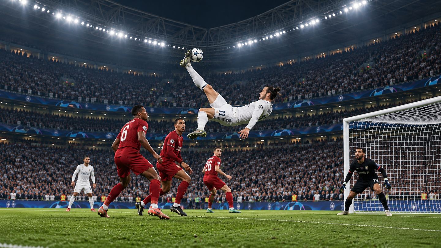 A footballer performing an acrobatic overhead kick in a floodlit stadium.