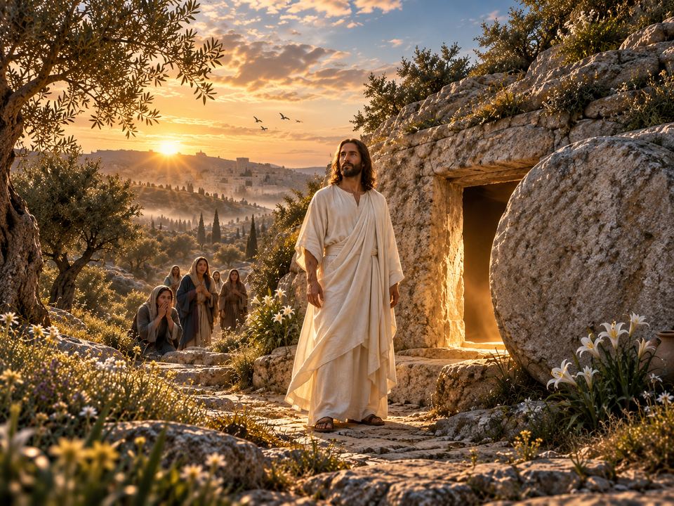 A robed figure standing at sunrise outside an open rock-cut tomb with the stone rolled aside.