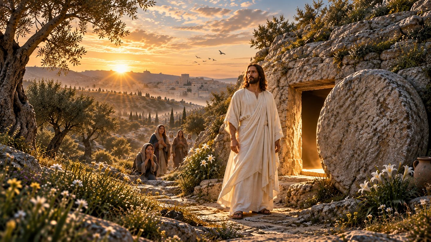 A robed figure standing at sunrise outside an open rock-cut tomb with the stone rolled aside.