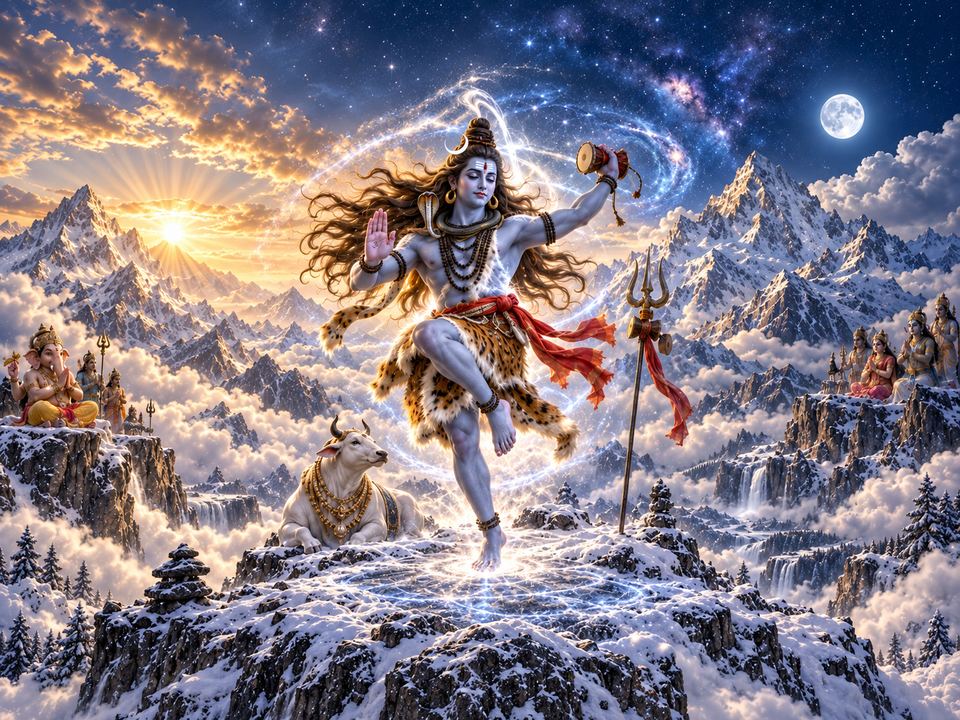 Shiva performing the Tandava dance on a snowy Himalayan plateau.