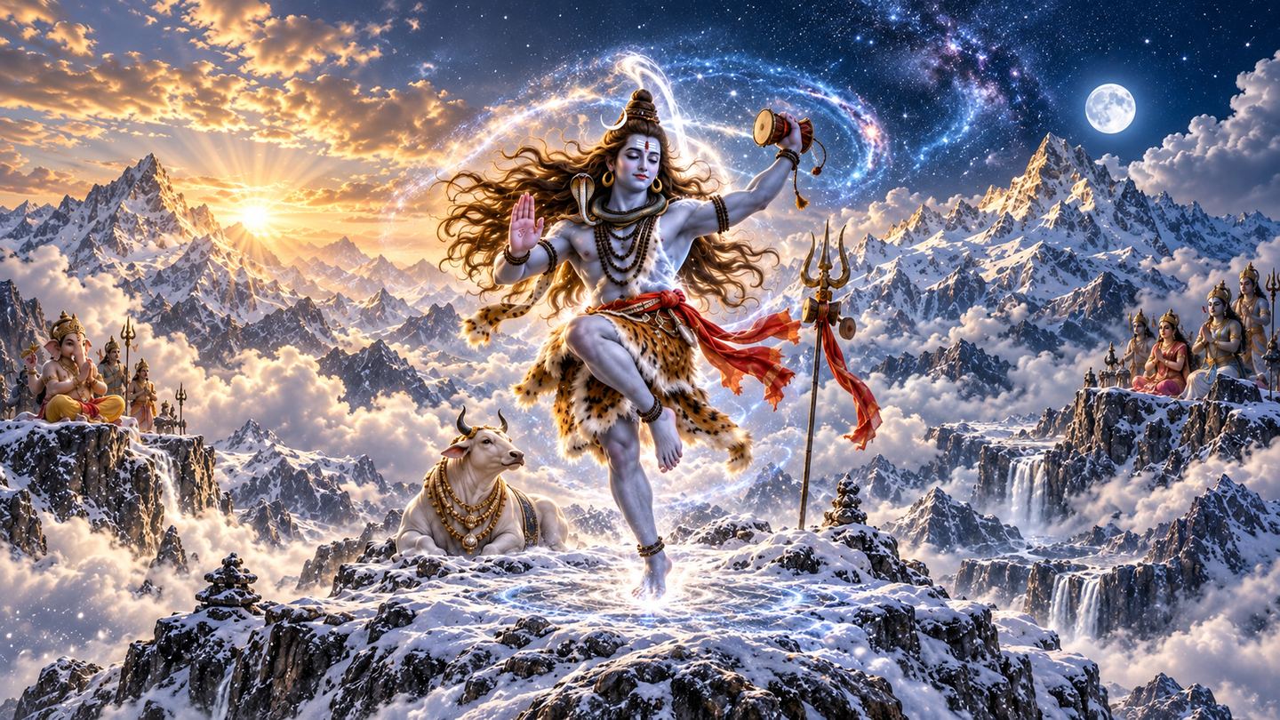 Shiva performing the Tandava dance on a snowy Himalayan plateau.
