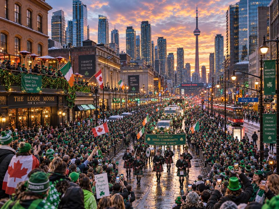 A crowd dressed in green lining a downtown street during a St Patrick's Day parade at dusk.