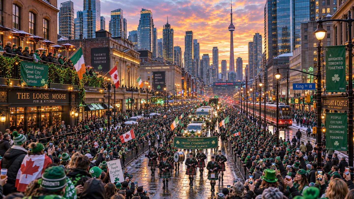A crowd dressed in green lining a downtown street during a St Patrick's Day parade at dusk.
