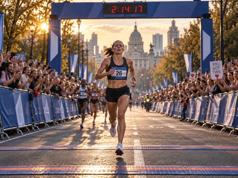 A woman running the final metres of a marathon ahead of the field, a race clock overhead reading 2:14:17.