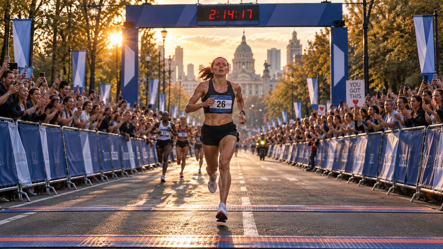 A woman running the final metres of a marathon ahead of the field, a race clock overhead reading 2:14:17.