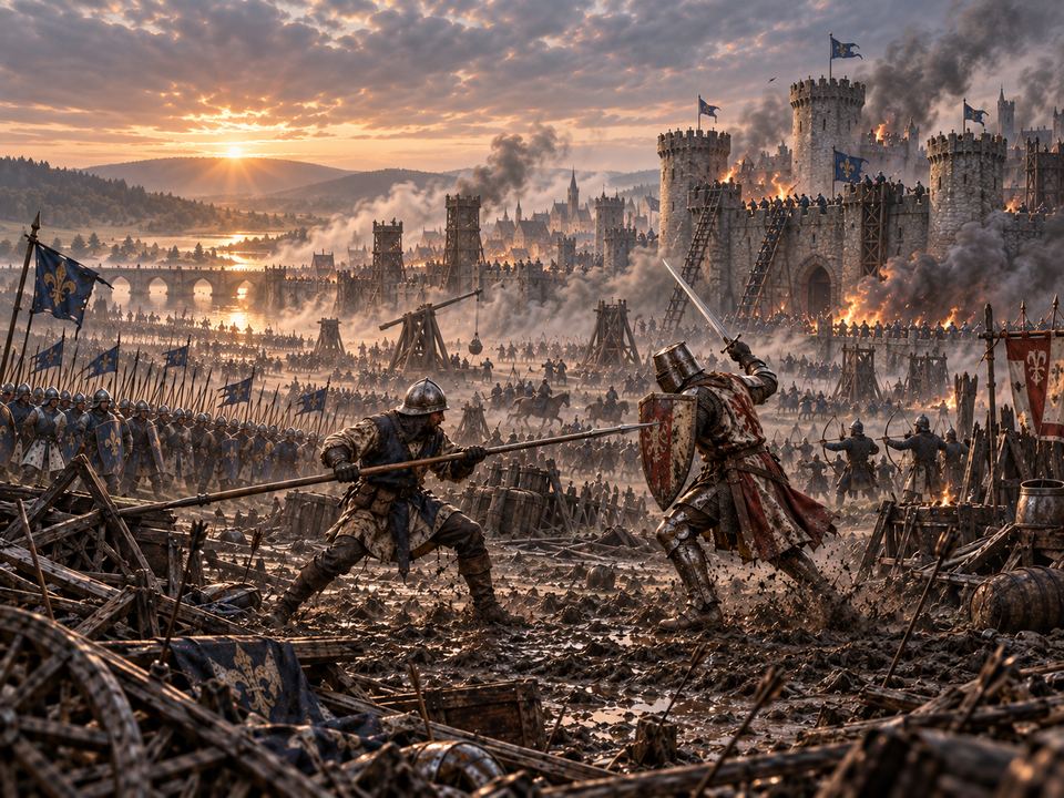 A pikeman confronting an armoured man-at-arms before a besieged castle.