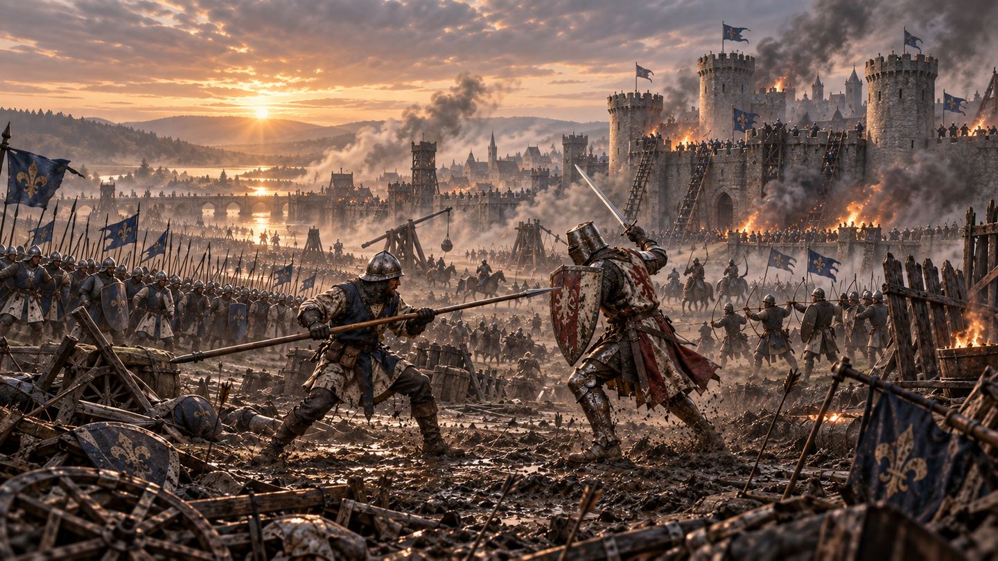 A pikeman confronting an armoured man-at-arms before a besieged castle.